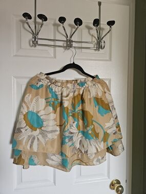 Odille Silk Beige Mini Skirt with Teal and White Floral Print
